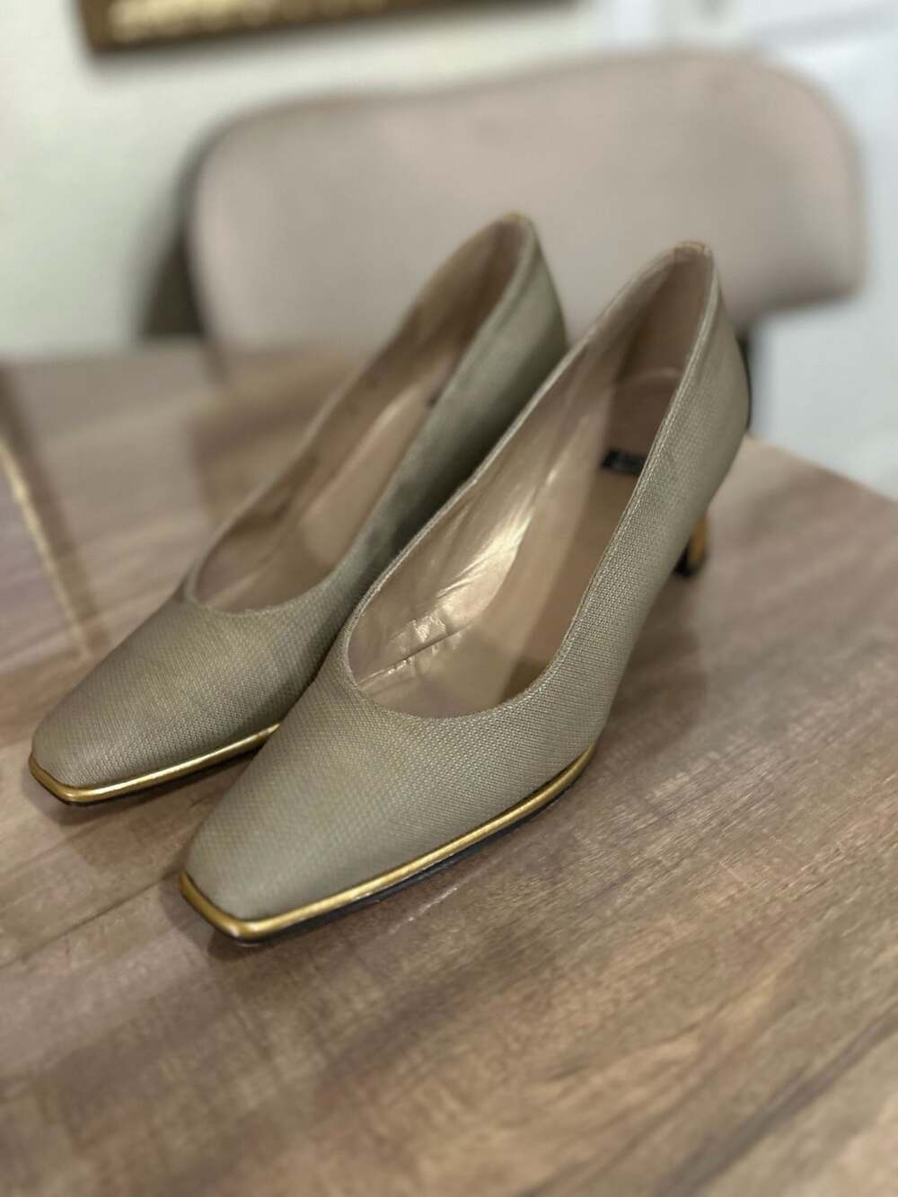 Stuart Weitzman Vintage Gold Textured Square Toe Low Block Heel Pumps